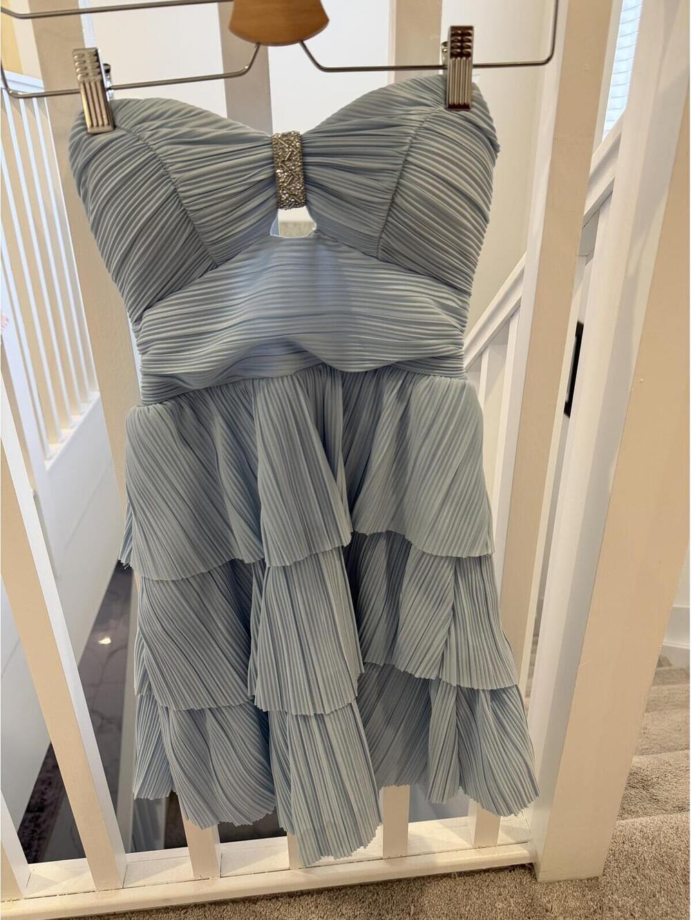 Light Blue Pleated Strapless Party Dress with Rhinestone Detail